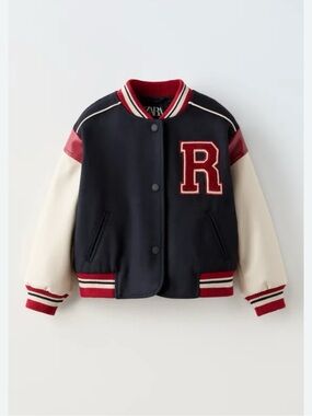 Zara Kids Navy, Cream & Red Varsity Jacket with 'R' Patch